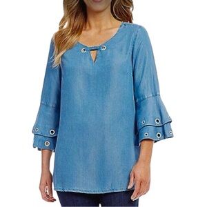 Intro Love Size Small Blue Chambray Boho Tunic Layered Bell Sleeves 100% Lyocell